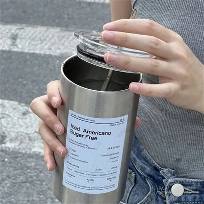 600ml Portable Stainless Steel Thermos Cup - Leak-proof Coffee Mug with Straw, Insulated Water Bottle for Drinkware