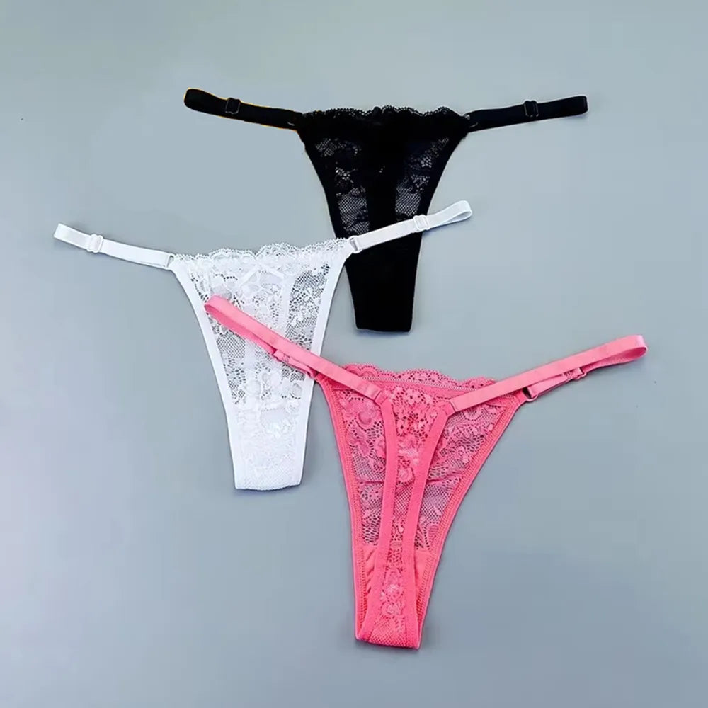 Women's Transparent Lace Thong Set - 3PCS Adjustable Low Waist Sexy T-Back Underwear