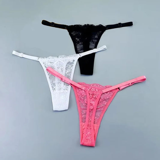 Women's Transparent Lace Thong Set - 3PCS Adjustable Low Waist Sexy T-Back Underwear