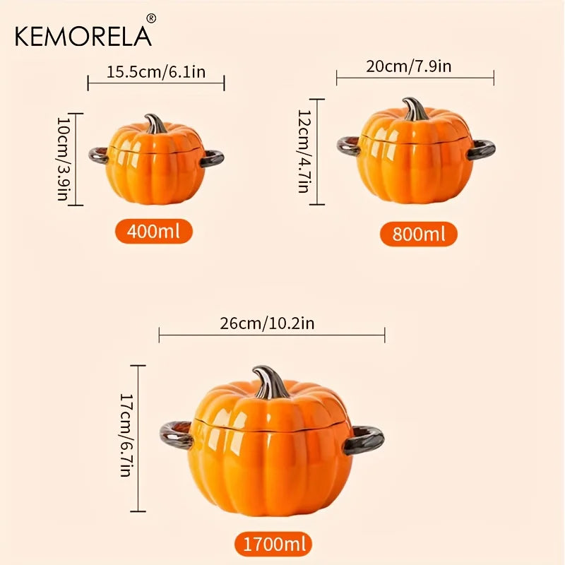 Halloween Pumpkin Ceramic Bowl – Oven-Safe Casserole with Lid & Handles for Thanksgiving