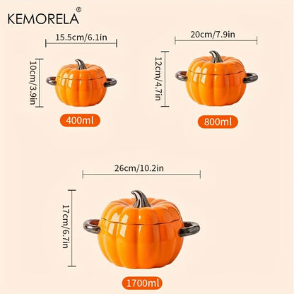 Halloween Pumpkin Ceramic Bowl – Oven-Safe Casserole with Lid & Handles for Thanksgiving