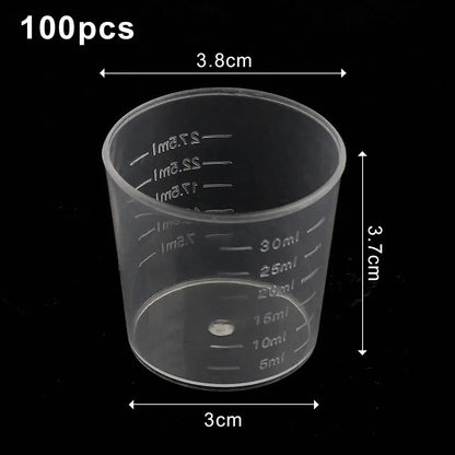 20/100PCS Transparent Plastic Measuring Cups – Disposable Liquid Containers for Epoxy Resin, Silicone Mold, DIY Jewelry Making