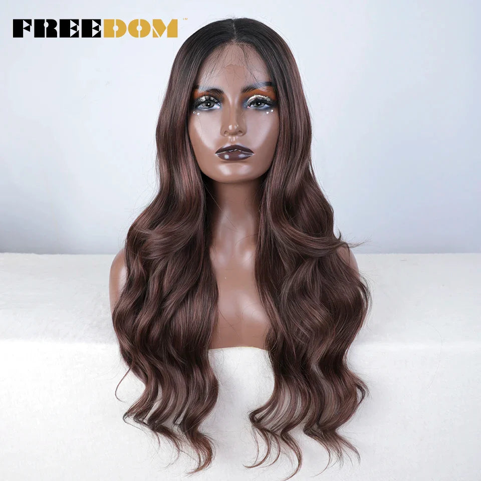 FREEDOM 26-Inch Synthetic Lace Front Wig for Women — Honey Brown Body Wave with Ombre Blonde Highlights, Cosplay & Fashion Wig