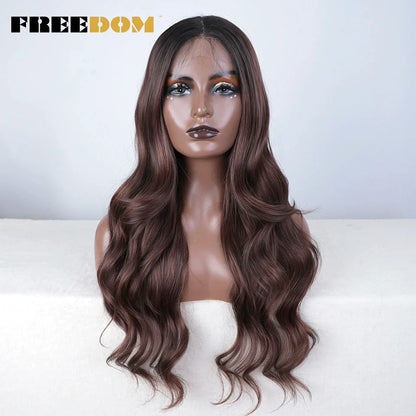 FREEDOM 26-Inch Synthetic Lace Front Wig for Women — Honey Brown Body Wave with Ombre Blonde Highlights, Cosplay & Fashion Wig