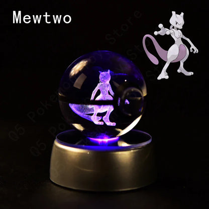 Pokemon 3D Crystal Ball Figurine — Pikachu, Gengar, Mew, Mewtwo Glass Statue with Lamp Base, Kids Birthday Gift
