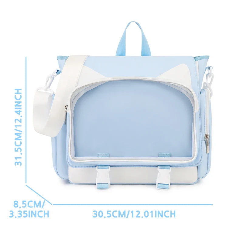 TINYAT Y2K Ita Bag — Waterproof Transparent School Backpack & Crossbody Bag for Girls with Cute Cat Ears
