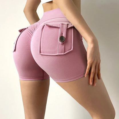 Women’s Peach Butt Fitness Shorts – High-Waisted Lift Yoga Capri Pants with Cargo Pockets, Quick-Dry Summer Workout Leggings