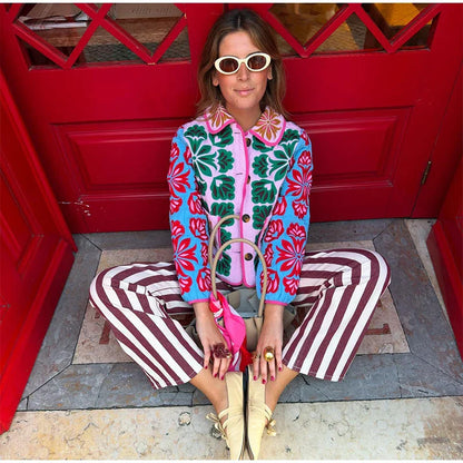 2025 Women’s Printed Quilted Padded Jacket – Collared Cotton Coat with Contrast Piped Pockets, Casual Autumn Outerwear