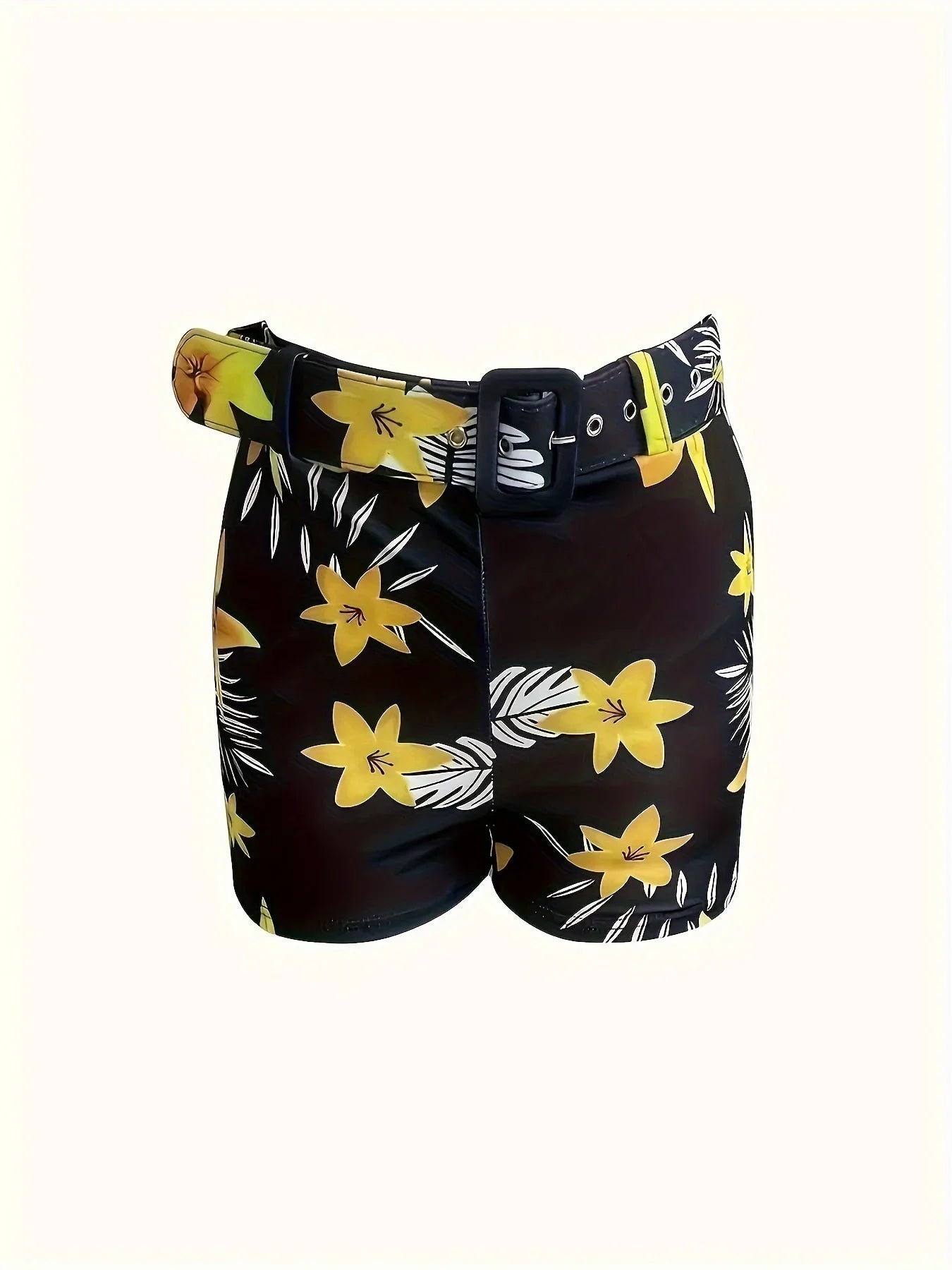 Women’s V-Neck Camisole & Plant Print Shorts Set – European & American Style, Belted Summer Outfit