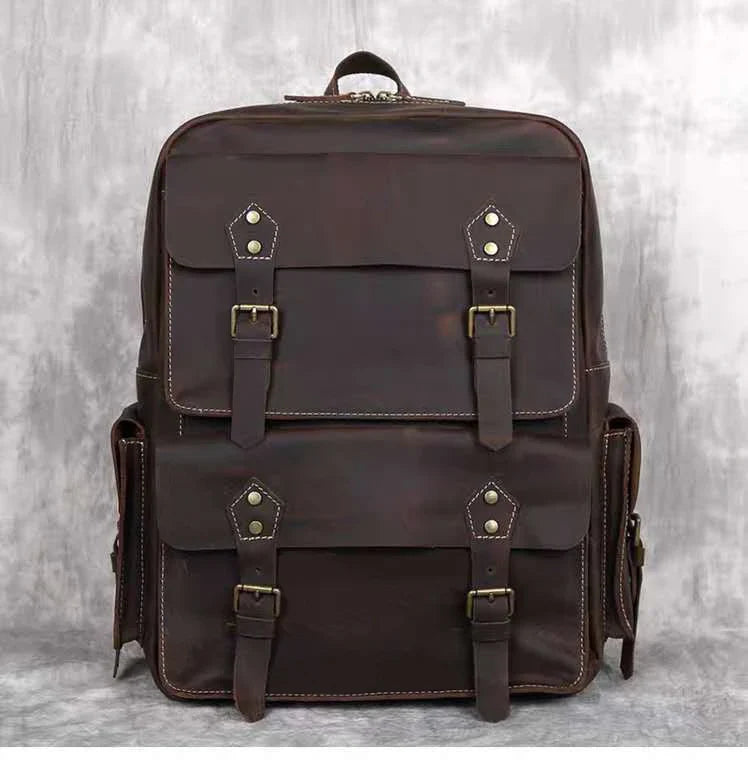 Vintage Crazy Horse Leather Backpack for Men — 17" Laptop Travel Rucksack Cowhide Hiking Bag M815