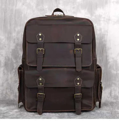 Vintage Crazy Horse Leather Backpack for Men — 17" Laptop Travel Rucksack Cowhide Hiking Bag M815