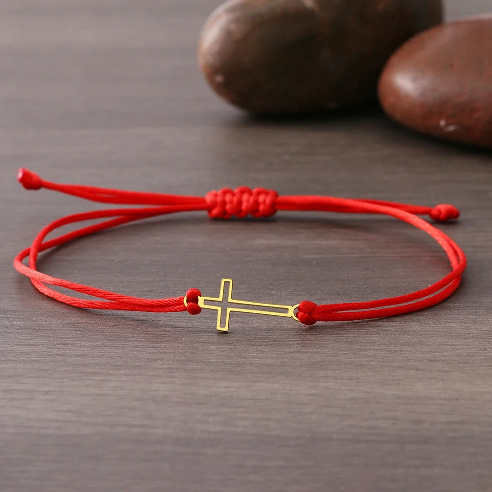 Gothic Cross Rope Bracelet - Stainless Steel Hollow Charm Hand Braided Lucky Black & Red Jewelry Gift for Women