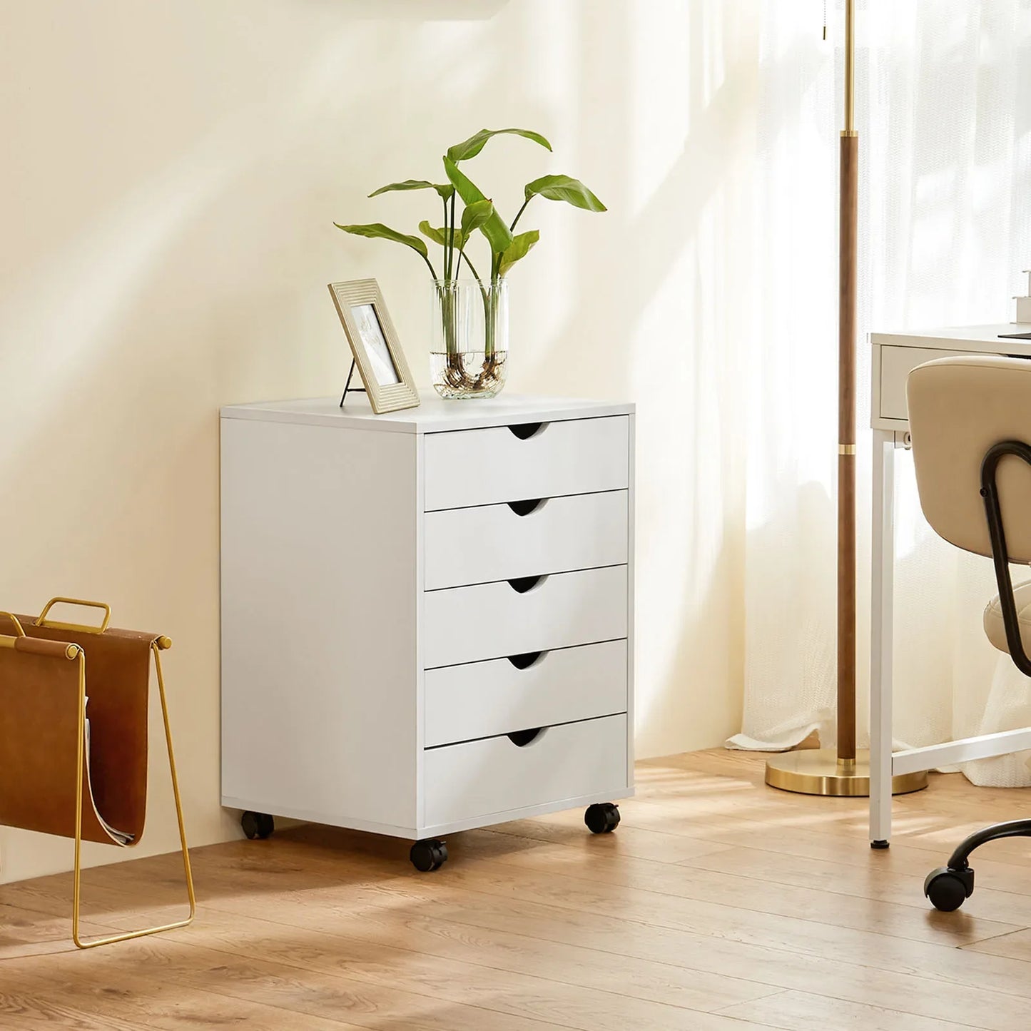 Wood Nightstand Cabinet with 5 Drawers – Waterproof Surface Storage Organizer with Rotating Wheels, Easy-Move Bedside Table for Office