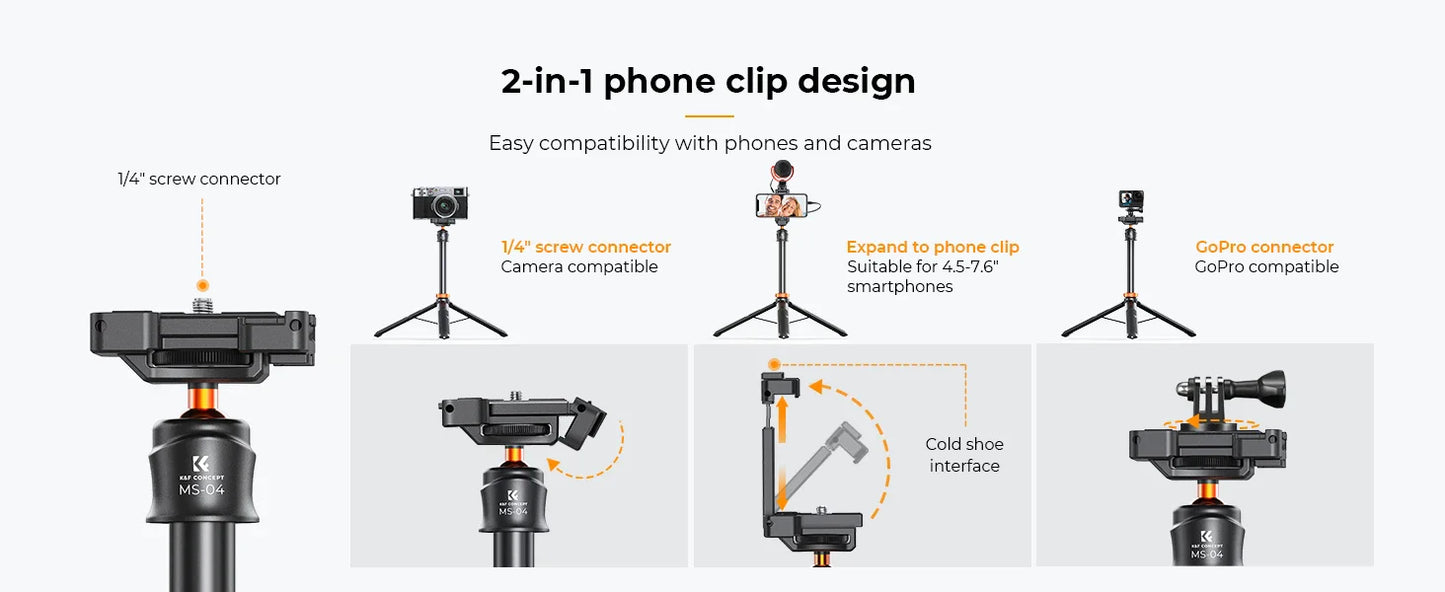 K&F Concept MS08 62'' Phone Tripod – 1.58m Selfie Stick with Bluetooth Remote & GoPro Adapter (Black & Orange)