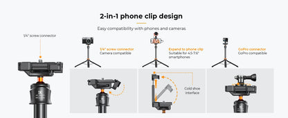 K&F Concept MS08 62'' Phone Tripod – 1.58m Selfie Stick with Bluetooth Remote & GoPro Adapter (Black & Orange)