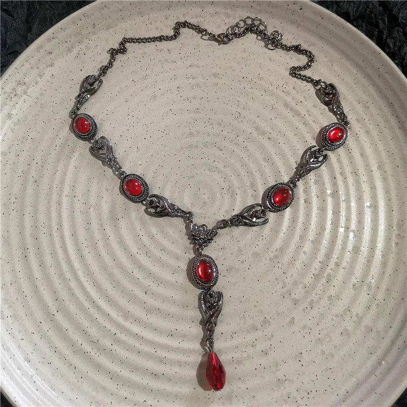 Goth Y2K Heart Cross Choker Necklace - Dark Red Stone Bead Punk Grunge Jewelry for Women Halloween Style