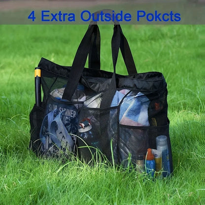 Extra Large Mesh Beach Bag - Breathable Tote with Zipper & Side Pockets, Portable Large Capacity Organizer Bag