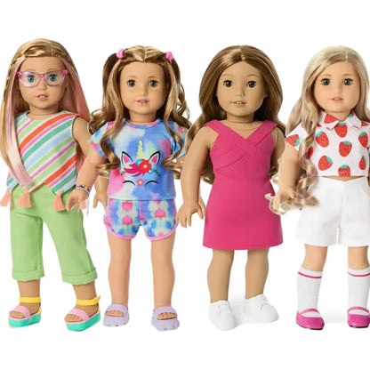 4-Piece Doll Clothes Set – Daily Pretty Dresses, Top & Pants for 43cm Born Baby Dolls & 18-Inch American Dolls, Festival Gift for Girls