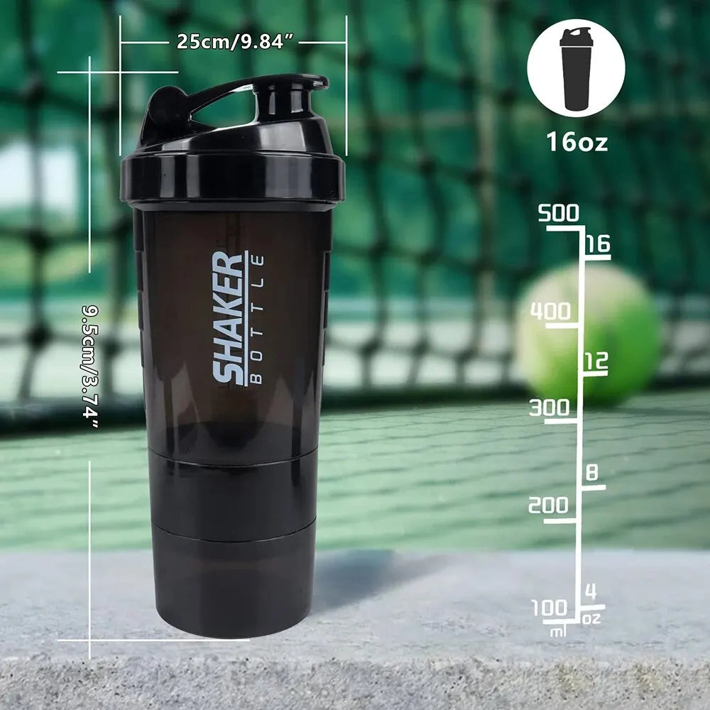 3-Layer Shaker Protein Bottle: Powder Shake Cup for Body Building, Exercise, and Hydration - Plastic Mixing Cup