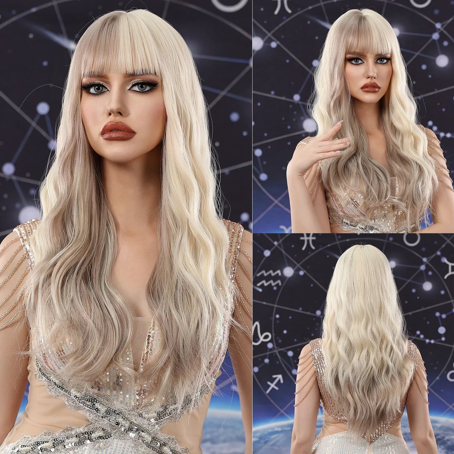 Light Green Long Wavy Synthetic Wig with Bangs – Blackish Green Cosplay & Lolita Style, Heat-Resistant for Women