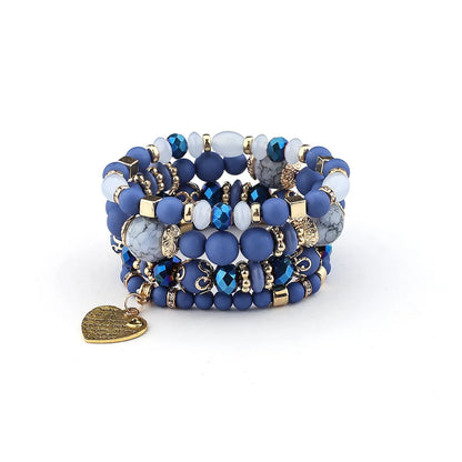 Bohemian Acrylic Beaded Bracelet Set – Solid Heart Charm Elastic Bangles for Women & Men, Retro Daily Wear Jewelry Gift