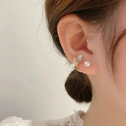 Korean Vintage Pearl & Crystal Earrings for Women — Luxury Zircon Flower, Butterfly & Leaf Stud Jewelry