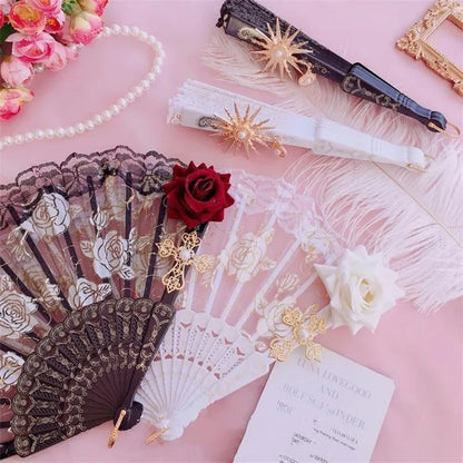 Victorian Lace Hand Fan - Lolita Gothic Vintage Black White Red Rose Bamboo Fan for Cosplay & Halloween