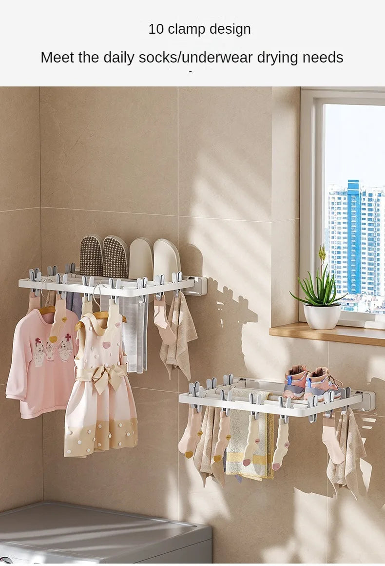 Wall-Mounted Folding Drying Rack with Windproof Sock Clips – Space-Saving Clothing Hanger for Household Laundry