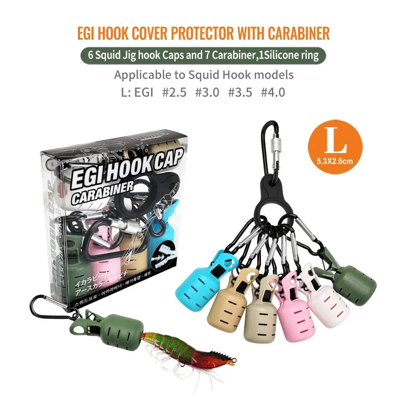 Squid Jig Bait Protector Kit - 6-Piece Octopus Egi Hook Covers with Carabiner