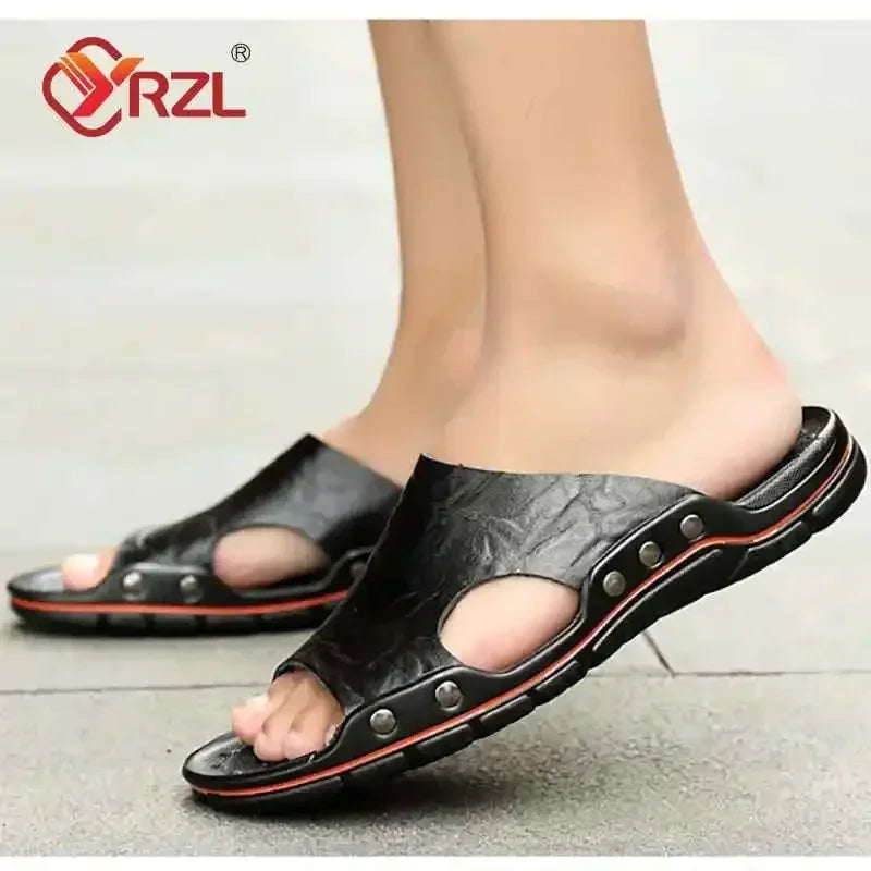 YRZL Men’s PU Leather Sandals – Classic Summer Slippers, Soft Black Lightweight EVA Slides, Big Sizes