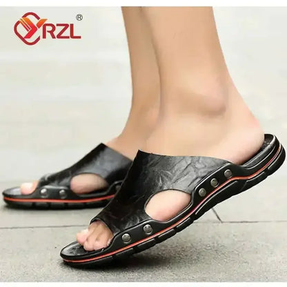 YRZL Men’s PU Leather Sandals – Classic Summer Slippers, Soft Black Lightweight EVA Slides, Big Sizes