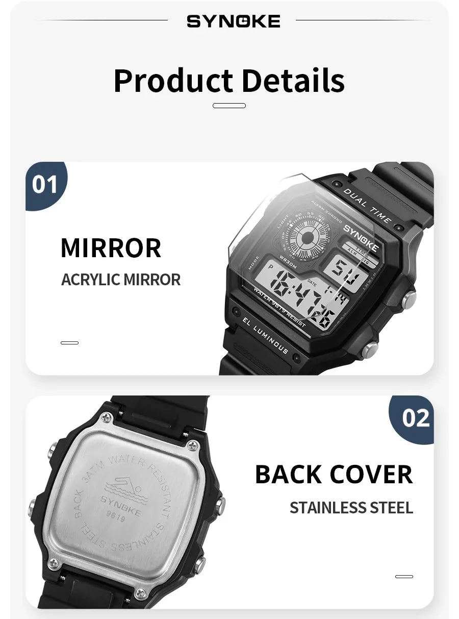 SYNOKE Men's Military Digital Sports Watch – Waterproof Luminous Chronograph Electronic Wristwatch