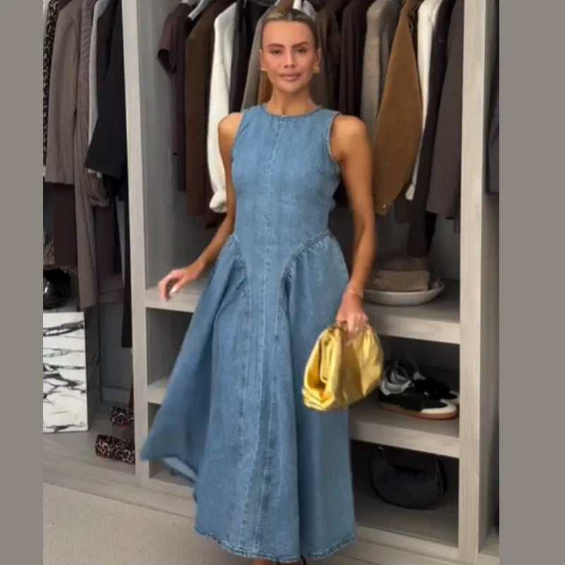 Elegant Pleated Denim Dress for Women – 2025 Chic Slim Fit Lapel Vestido with Short Sleeves & Single-Breasted Design