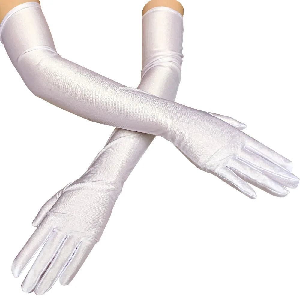 Classic Satin Long Stretch Gloves for Women – Opera, Elbow & Wrist Length Costume Gloves in Black, White, Red & Grey for Parties & Flapper Style