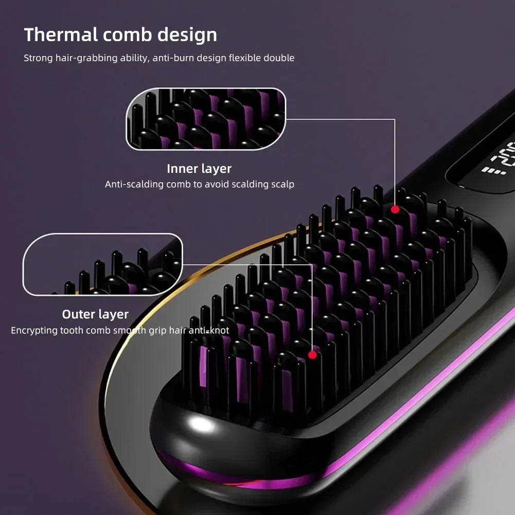Electric LCD USB Ceramic Hair Straightening Comb – Wireless Portable Negative Ion Rechargeable Styling Brush