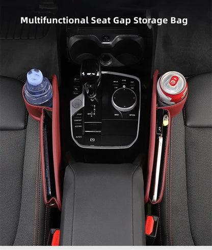 Leather Car Seat Gap Organizer – Multifunction Console Crevice Filler, Side Storage Box with Cup Holder, Car Interior Storage Pocket