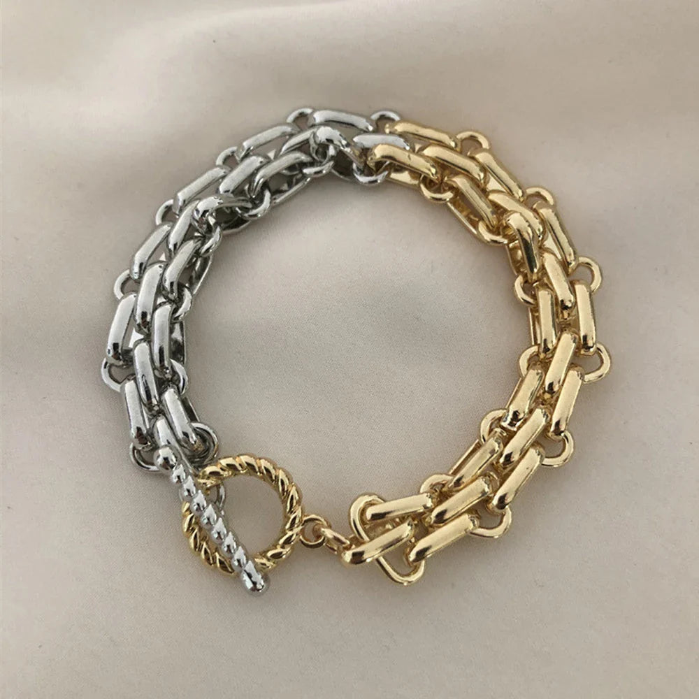 Women’s Punk Chunky Two-Tone Chain Bracelet – Gold & Silver Wide Link Statement Jewelry with Toggle Clasp