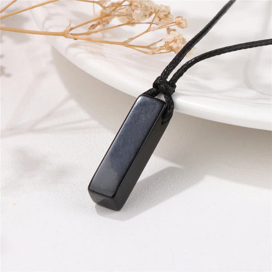 Men's Vintage Rectangle Obsidian Pendant Necklace – Natural Tiger Eye & Labradorite Gem, Leather Rope Braid Healing Jewelry
