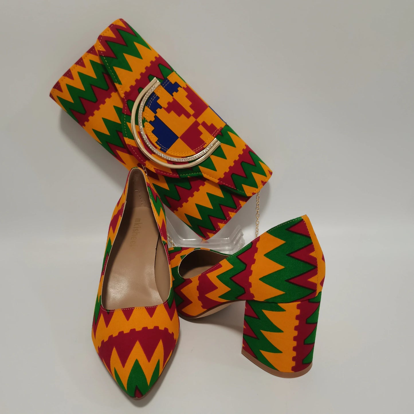 African Ankara Women’s Block Heel Shoes & Purse Set - Nigerian-Inspired Pointed Toe Fashion Accessories
