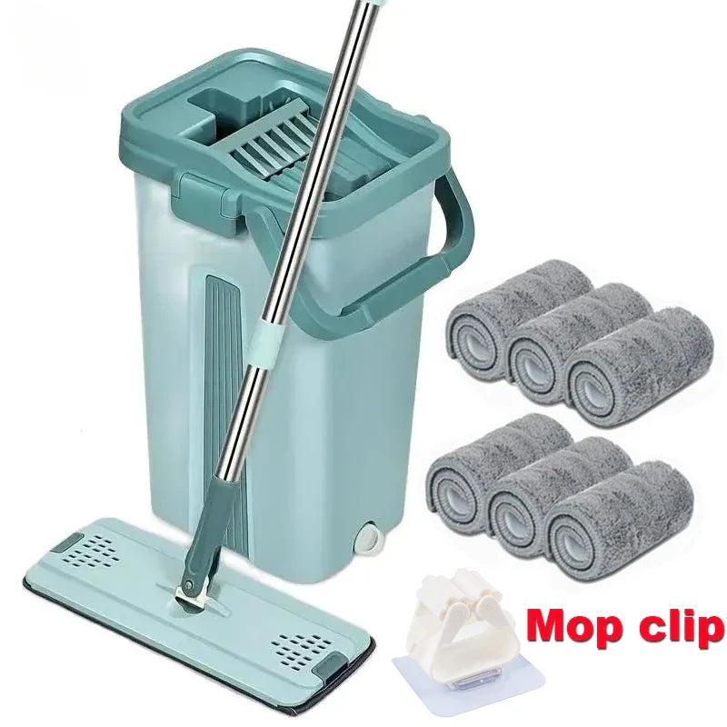 Hand-Free Wringing Flat Squeeze Mop with Bucket: Microfiber Mop Pads for Wet or Dry Usage on Hardwood Laminate Floors