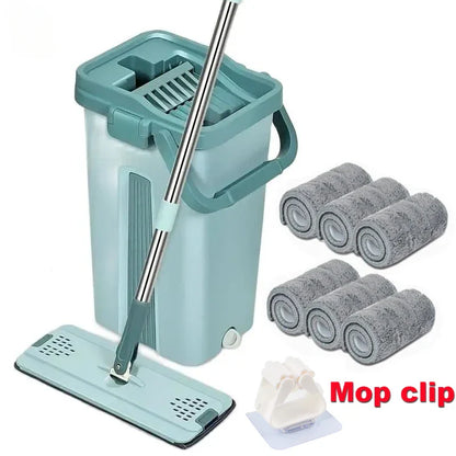 Hand-Free Wringing Flat Squeeze Mop with Bucket: Microfiber Mop Pads for Wet or Dry Usage on Hardwood Laminate Floors