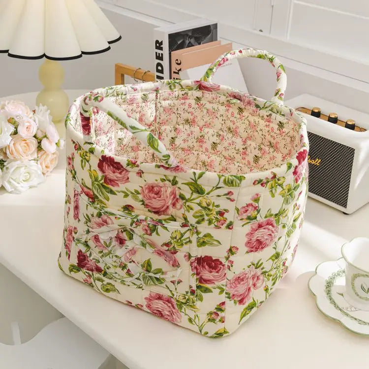 Floral Fabric Storage Bins with Handles – Foldable Desktop Organizer Basket for Clothes, Underwear & Home Decor Multi-Compartment Storage