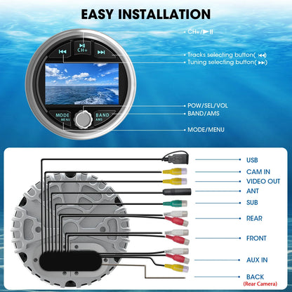 AKAMATE Boat Radio MP5 – Marine Stereo Media Player with AM/FM RDS, Bluetooth, AUX, MP3/MP4 Video Play for ATV, UTV, SPA, RZR