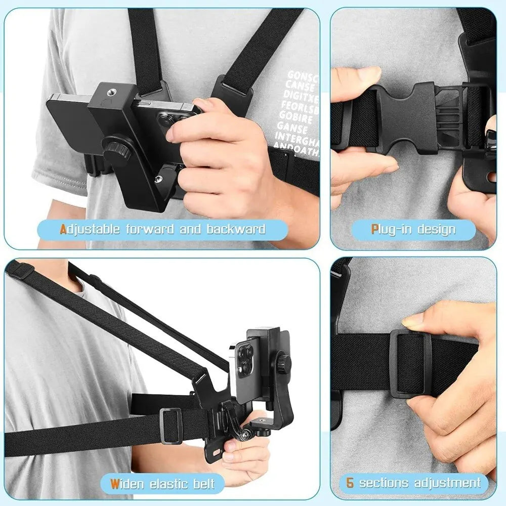Adjustable Phone Clip Holder with Chest Strap Fixation Bracket - Black Holder Accessory for Sport and Mobile Phone Camera