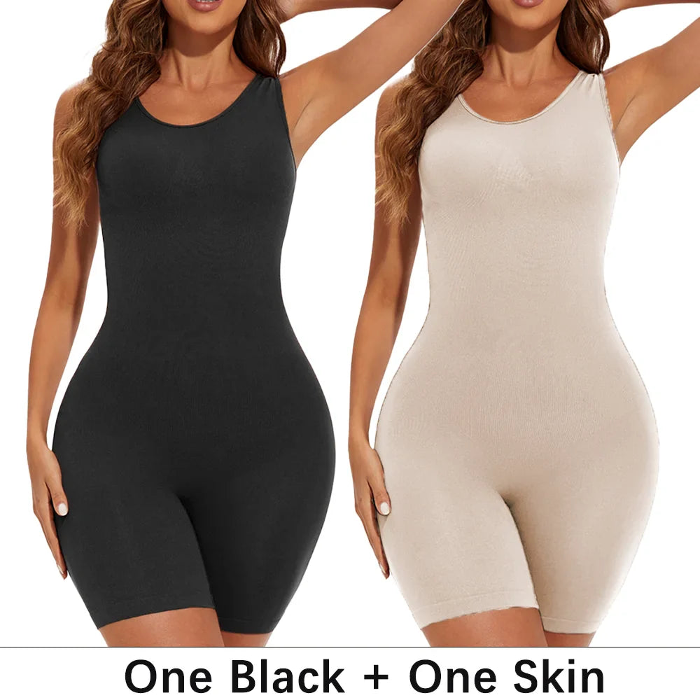 POKARLA Sexy Full Coverage Bodysuit – Seamless Thigh Slimming Wide Shoulder Shapewear Jumpsuit