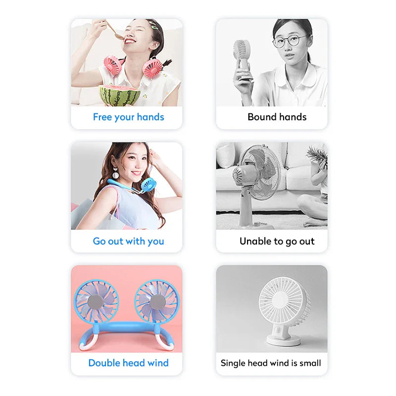 USB Portable Hands-Free Neck Fan - Rechargeable Mini Sports Fan, 3-Speed Adjustable Dual Fan for Home Office & Outdoor Use