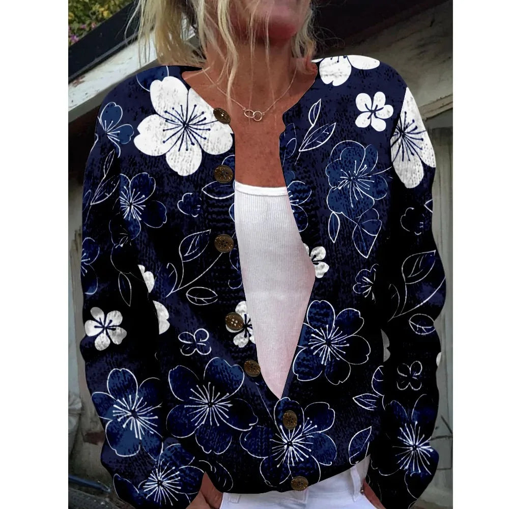 Women’s 3D Print Knitted Cardigan – Thin Vintage Sweater Autumn Winter Chic Knit Top Casual Streetwear