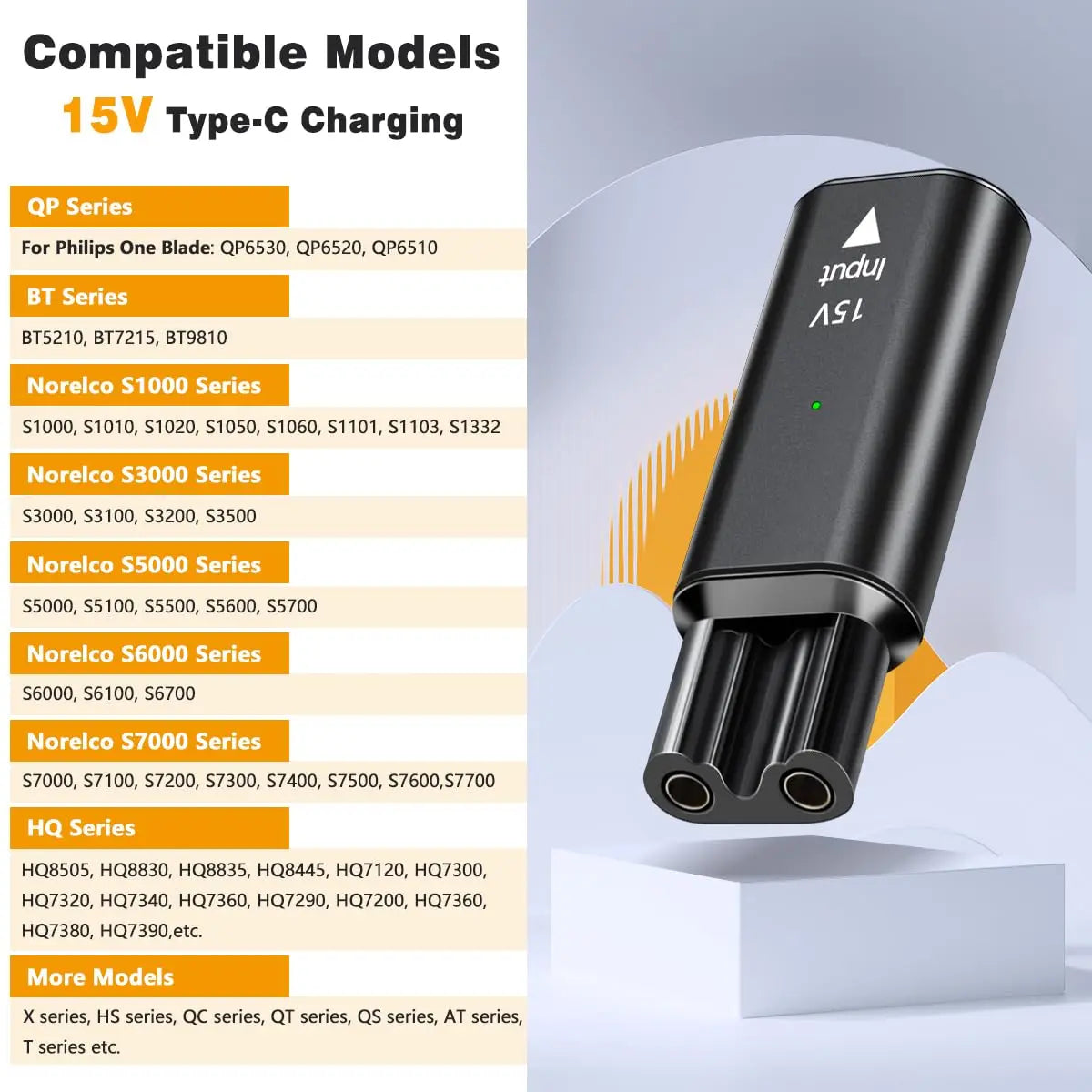 Brangdy HQ8505 Type-C Shaver Charging Adapter 15V – USB Converter for Philips OneBlade Pro QP6520 QP6530 QP6510 Beard Trimmer Charger Replacement