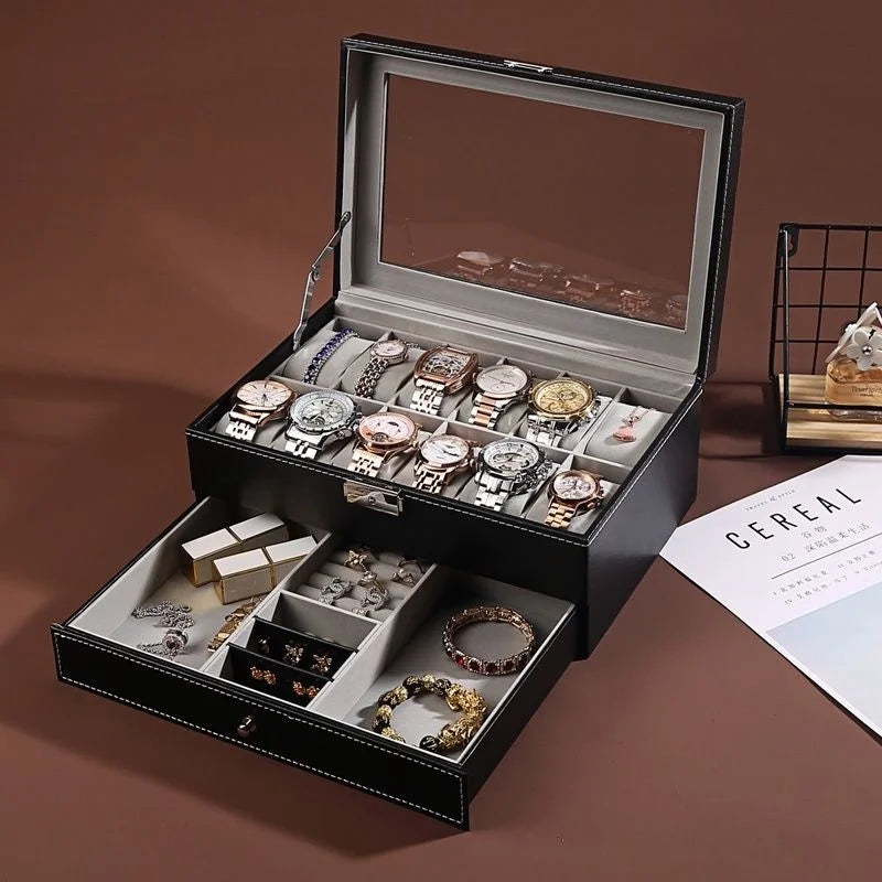 PU Leather Jewelry & Watch Organizer Box — Storage Case for Rings, Earrings, Bracelets, Perfect Gift Casket
