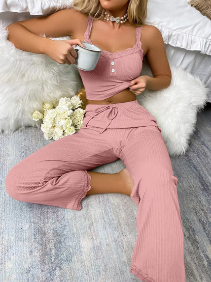 Women's Two-Piece Pajamas Set – Sexy Slim Fit Solid Color Lace-Trimmed Suspender Top and Soft Comfortable Pants